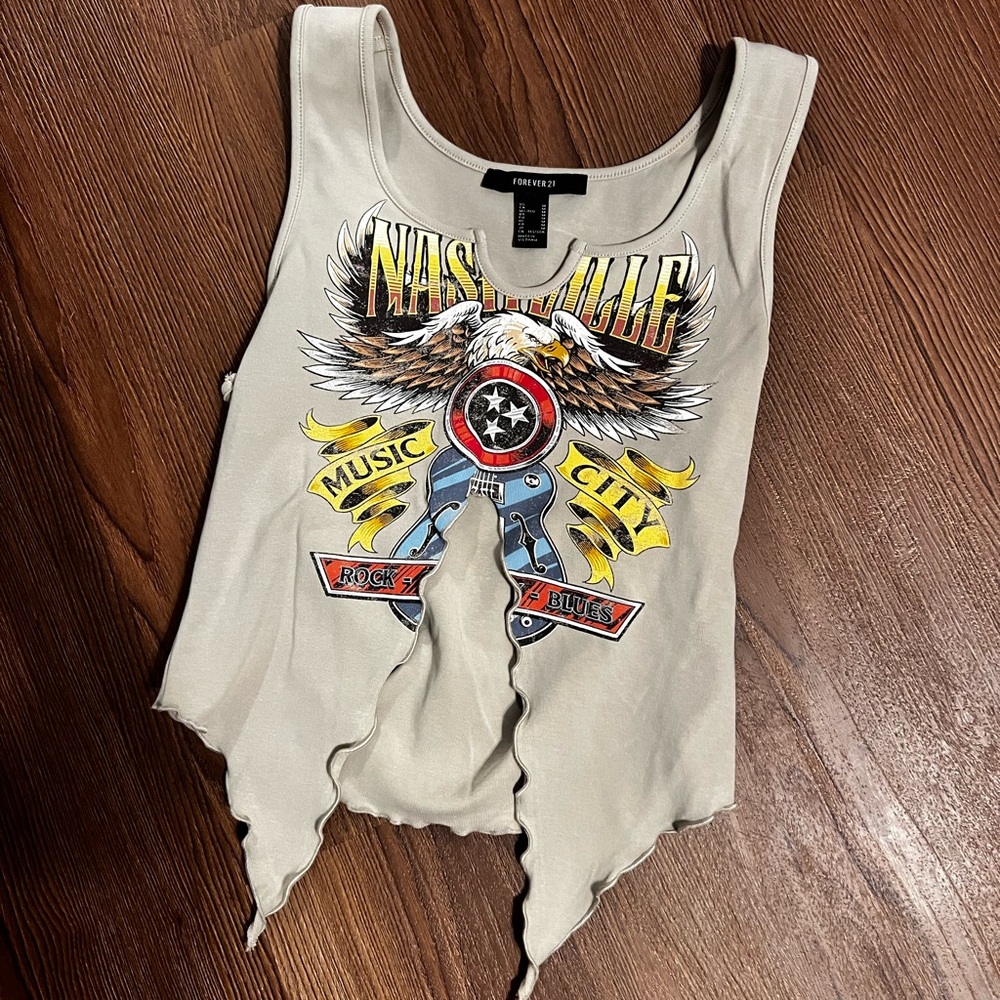 Forever 21 Cream Graphic Nashville Eagle Tank Top with Yellow & Blue Accents